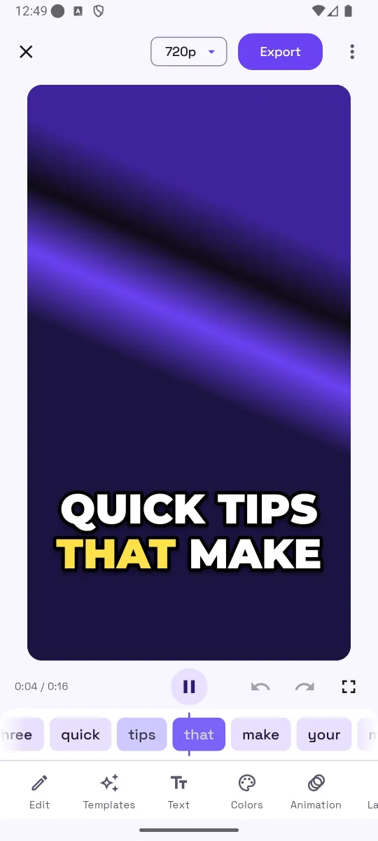 AutoCaption editor playing a vertical video with the caption “QUICK TIPS THAT MAKE” and the word THAT highlighted in yellow