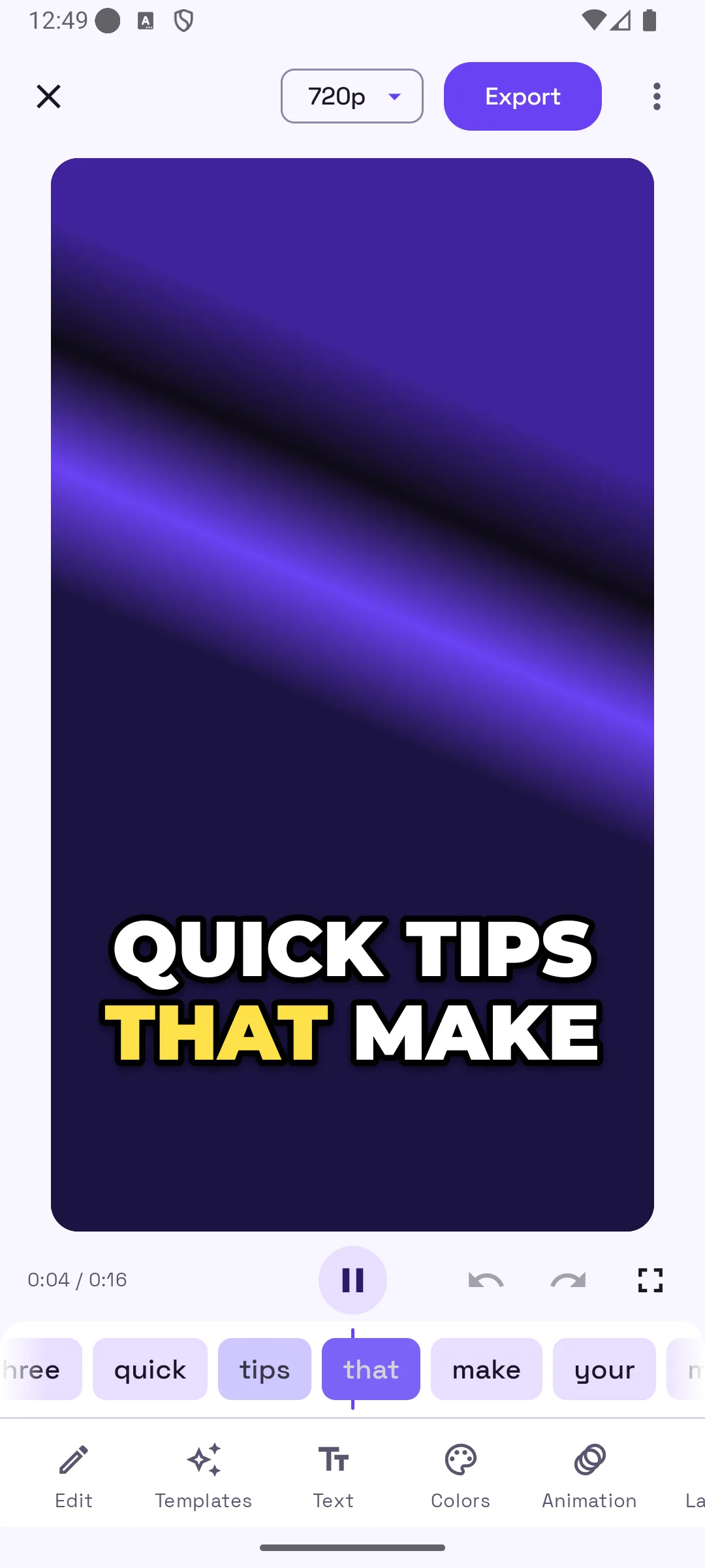 AutoCaption editor playing a vertical video with the caption “QUICK TIPS THAT MAKE”, the current word highlighted in yellow, and a word strip under the player