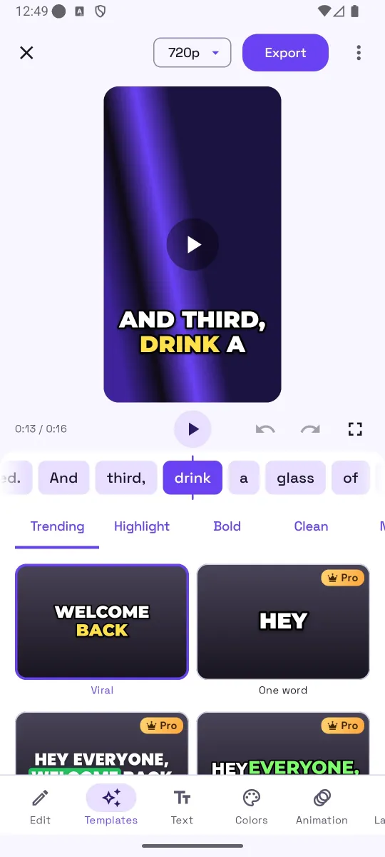 Templates panel with Trending, Highlight, Bold and Clean tabs and template cards such as Viral and One word