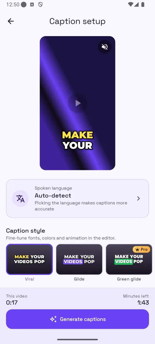 Caption setup screen with a muted video preview, spoken language set to Auto-detect, three caption style cards, and a Generate captions button