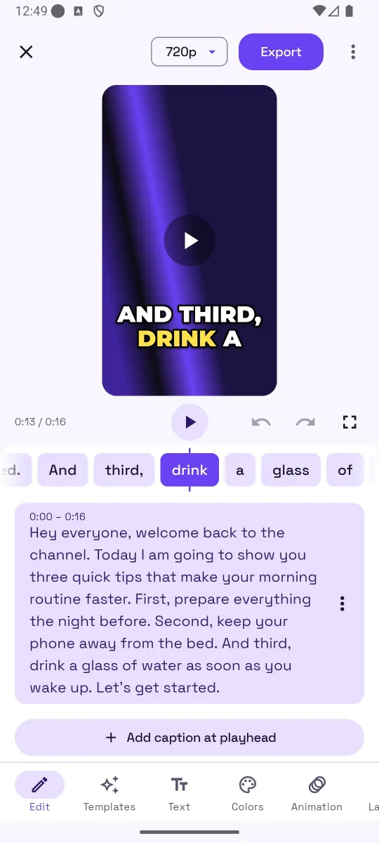 Edit panel showing the full transcript of a caption line and an Add caption at playhead button