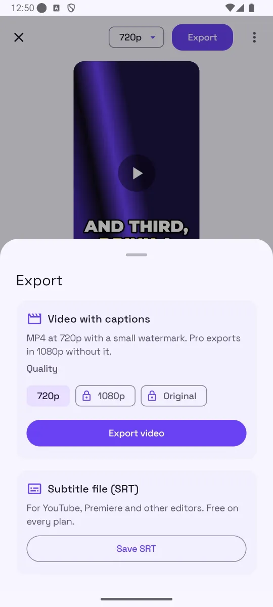 Export sheet with Video with captions at 720p, 1080p or Original quality and a Subtitle file (SRT) option