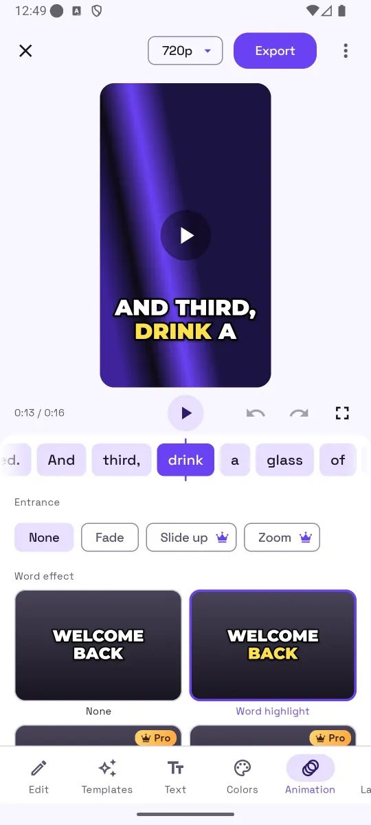 Animation panel with entrance options None, Fade, Slide up and Zoom, and word effect cards