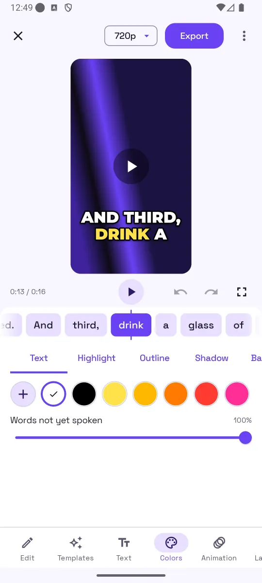 AutoCaption Colors panel with Text, Highlight, Outline and Shadow tabs, color swatches and a Words not yet spoken opacity slider