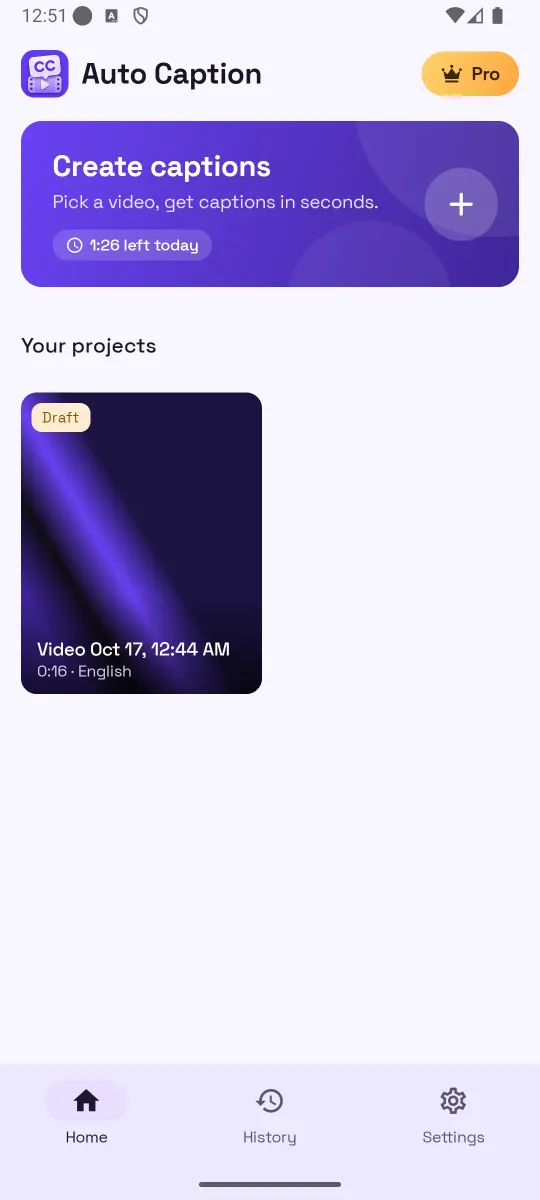 AutoCaption Home screen with a Create captions card that shows 1:26 left today, and a Draft project thumbnail